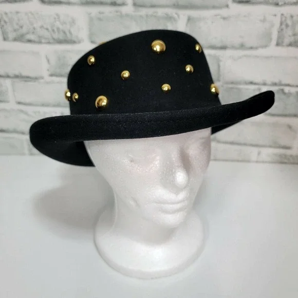 Vintage Black LiteFelt Wool Hat Gold Studded Steampunk Western‎ Bowler Style USA - Picture 2 of 9